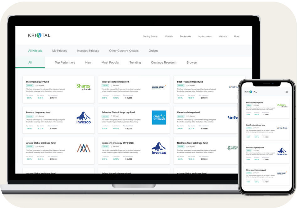 Kristal.ai wealth management dashboard screenshot showing investment fund marketplace interface