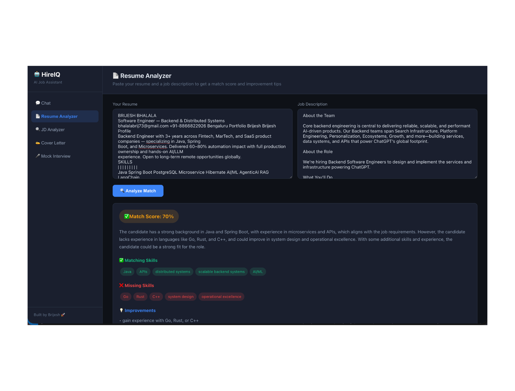 HireIQ AI powered job application assistant project screenshot showing resume analysis and interview preparation features
